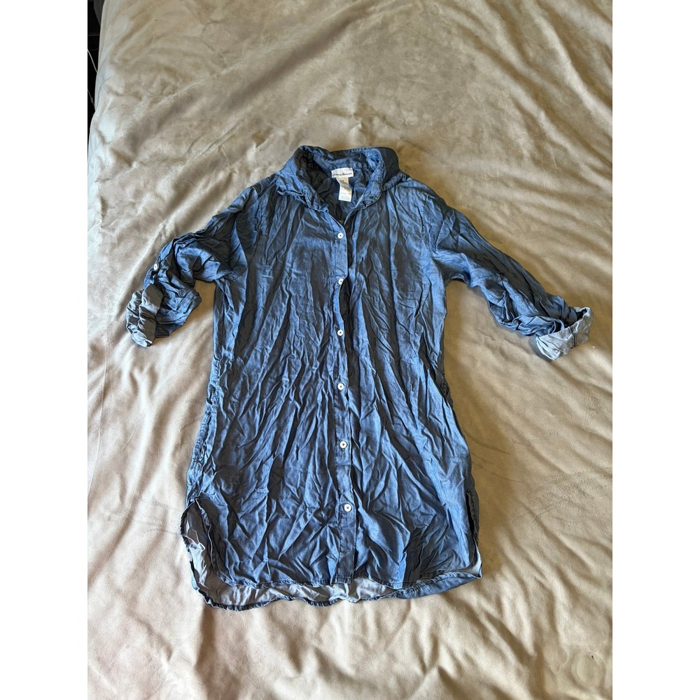 Tommy Bahama Womens Tencel Lyocell Button Down Shirt Tunic Blue L TSW83430C